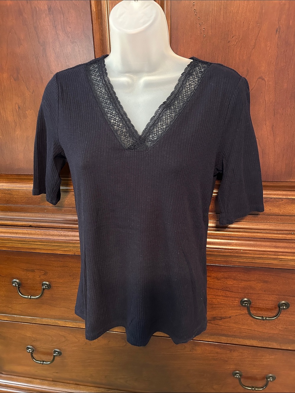 Talbots Navy Ribbed V-Neck Tee with Lace Trim